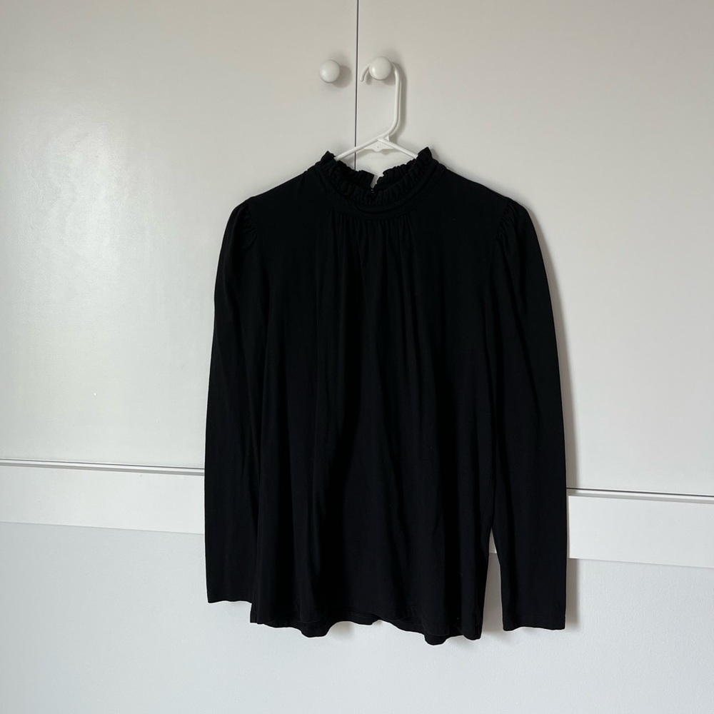 Banana Republic Black Long-Sleeve Ruffle Mock Neck Top